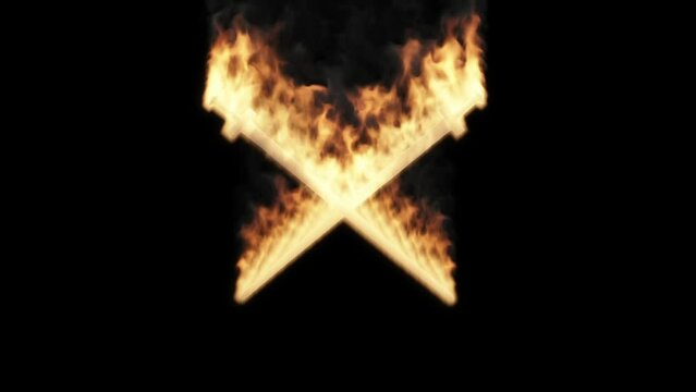 Crossed swords engulfed in flames on a black background. Under the protection of fiery blades.