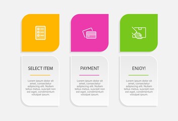 Concept of shopping process with 3 successive steps. Three colorful graphic elements. Timeline design for brochure, presentation, web site. Infographic design layout.