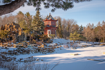 Pagoda of the Montreal's Chinese garden in winter