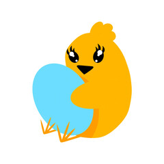 Concept of cute chicken hugging egg. Vector illustration. Cartoon chick with egg. Image isolated on white background. Design element for postcards menu posters brochures print