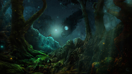 Fantasy landscape of a jungle monster in a dark forest