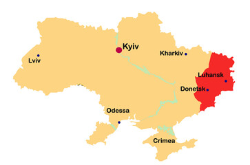 Map of Ukraine showing Major Cities, concept of war and military conflict in Ukraine
