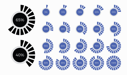 Set of trendy circle infographic pie chart diagrams design elements with percentages.