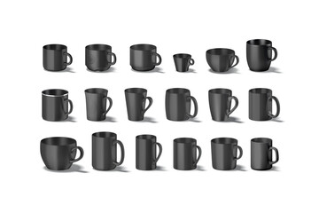 Blank black ceramic mug mockup, different types, side view