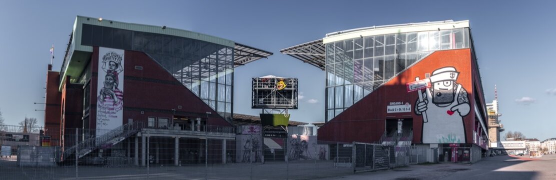 Facade of Millerntor-Stadion, home stadium of football club FC St. Pauli. Hamburg, Germany - March 2022