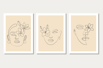 Woman With Flowers Head Line Artwork Minimalist Poster Set