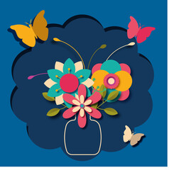 Colorful flower composition in vase  with butterflies., for greeting cards,posters in paper cut out effect. style. Vector illustration isolated on dark blue background.