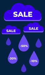 Blue clouds with an inscription about the sale, percentage discounts in the form of drops, percentage discounts on a blue background. Sales concept for different stores, website design.