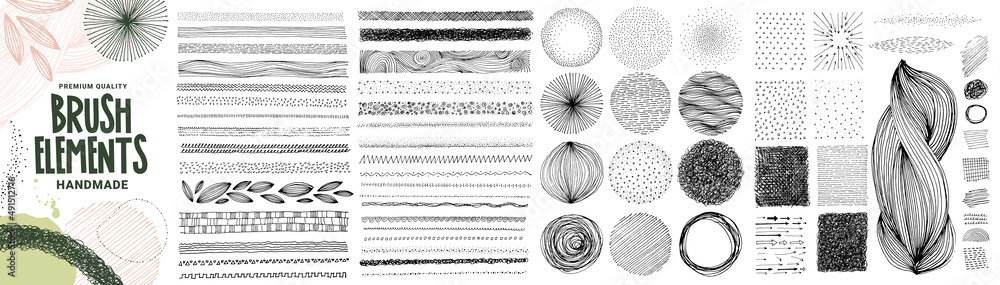 Wall mural set of hand drawn brush elements, textures and patterns and graphic elements. vector illustration co