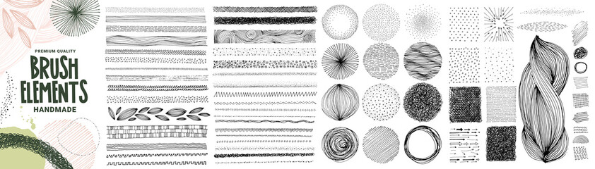 Set of hand drawn brush elements, textures and patterns and graphic elements. Vector illustration concepts for graphic and web design, packaging design, marketing material.
