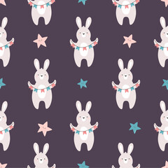 Fototapeta premium Seamless pattern with cute rabbits and star shapes.