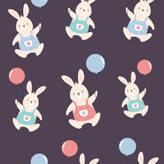 Obraz na płótnie Canvas Seamless pattern with cute rabbits and air balloons