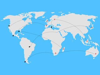 World map of flight routes and arrival point