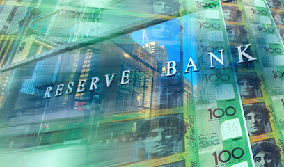 Collage of text reading Reserve Bank, buildings and hundred dollar notes