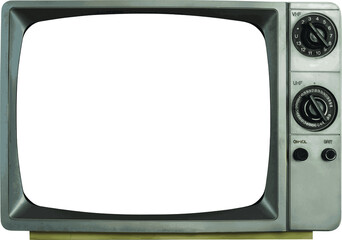 Classic late 1970's black and white television set on transparent background including see-through screen. - obrazy, fototapety, plakaty