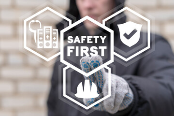 Concept of work safety first compliance. Work safety industry regulations and standards.