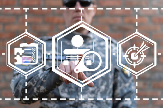 Military concept of plan, tactics and strategy. Soldiers, army structure organization. Soldier using virtual touchscreen presses flowchart with magnifier.