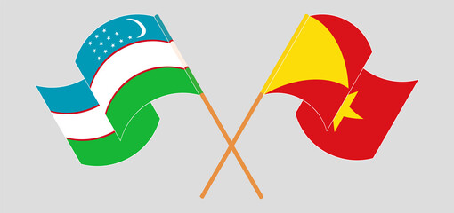 Crossed and waving flags of Uzbekistan and Tigray