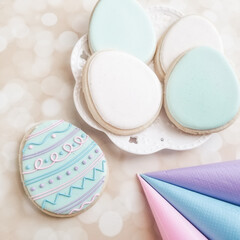 Easter egg sugar cookies ready to be decorated