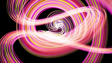 3d render. Light flow bg. Abstract background with light trails, stream of green red yellow neon lines form spiral shapes. Modern trendy motion design background light effect.