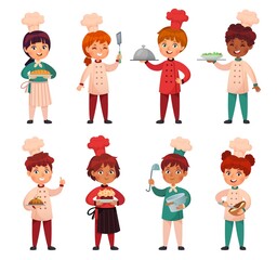 Cute cartoon little kids chefs in cook uniform with hats. Children boys and girls preparing meal, holding dishes, bread, cake and salad. Happy kids cooking vector set