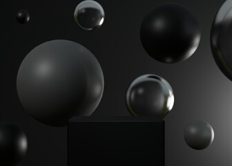 Minimalist black pedestal or podium for product showcase background. Geometric spheres shapes backdrop. Empty template. Cylinder shape. Blank stage. Mock up, display. 3d render illustration