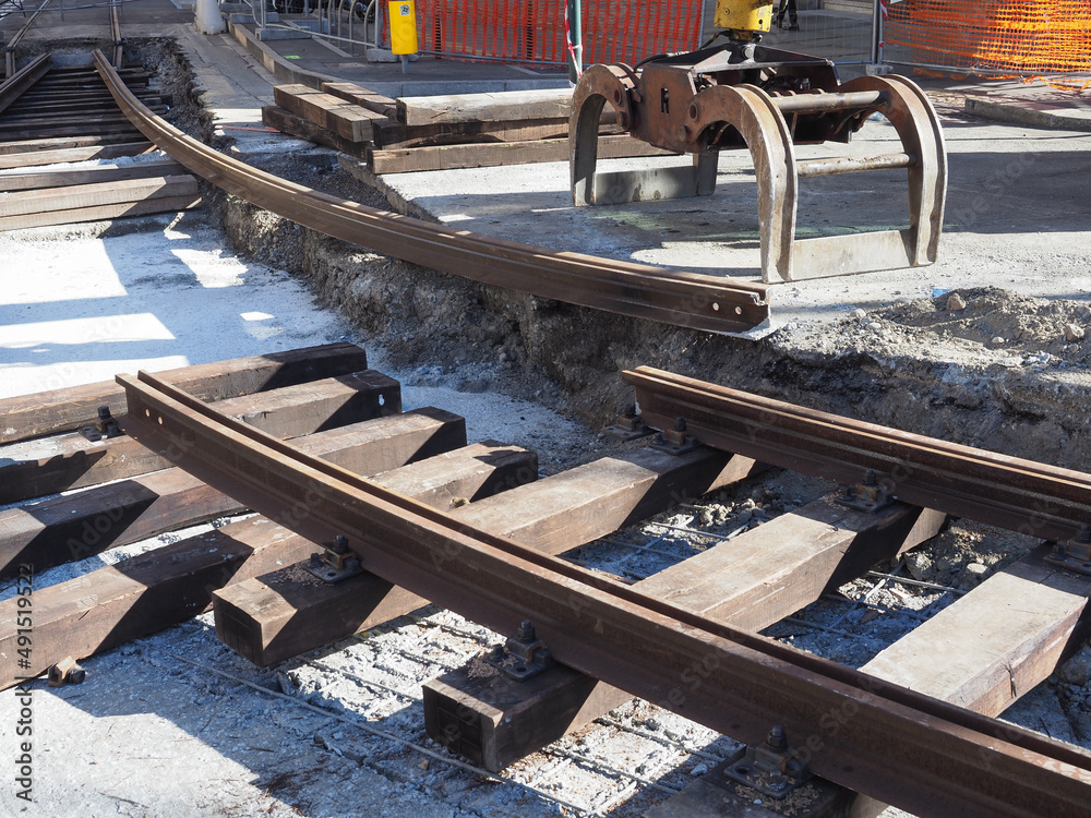 Wall mural tramway rails construction work