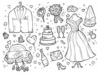 Doodle vector Wedding Icon Set. Perfect for weddind invitation