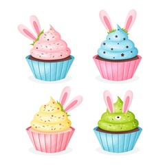 Set of different vector cupcakes for Easter, cupcakes with ears of different colors. Vector illustration