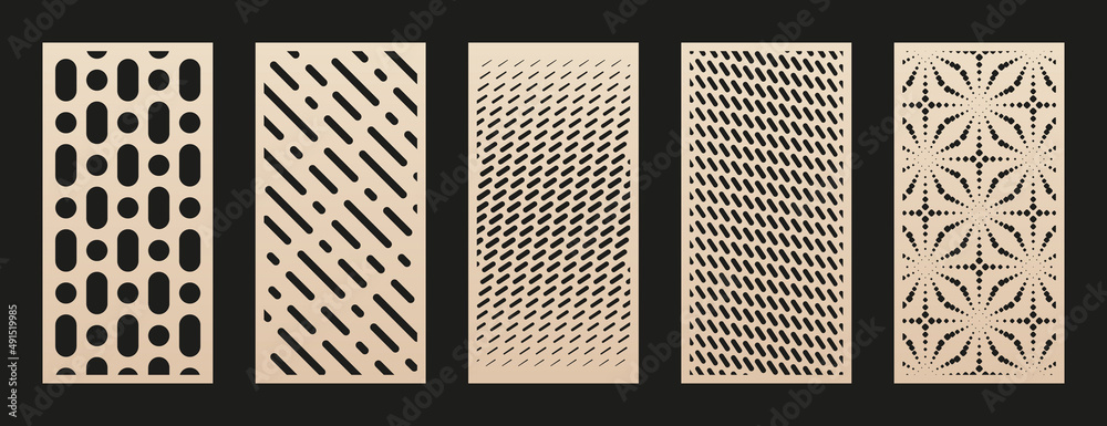 Poster collection of laser cut panels. abstract geometric patterns with circles, lines, halftone effect, gr