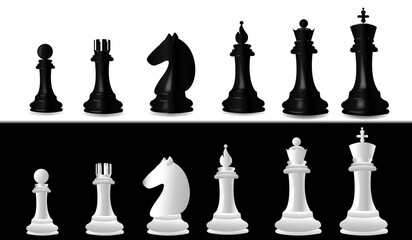 Vector black & white chess piece set.3D looking chess figures clip art