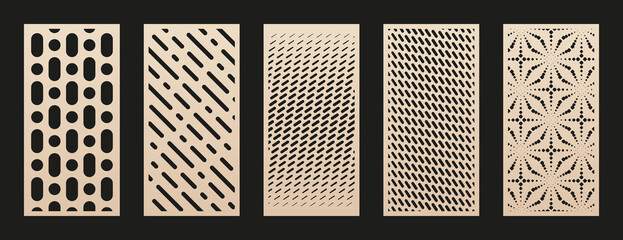 Collection of laser cut panels. Abstract geometric patterns with circles, lines, halftone effect, gradient, grid. Decorative stencil for laser cutting of wood, metal, paper, acrylic. Aspect ratio 1:2 - obrazy, fototapety, plakaty