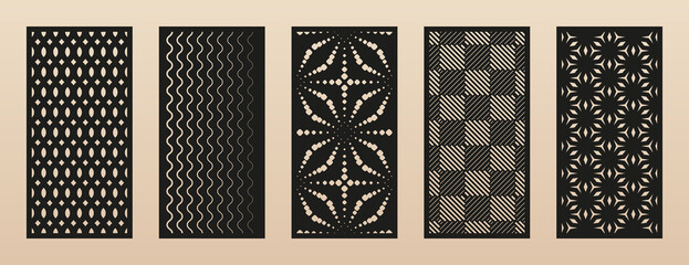 Laser cut pattern set. Collection of modern abstract geometric panels with lines, grid, floral ornament, halftone effect. Decorative stencil for laser cutting of wood, metal, paper. Aspect ratio 1:2
