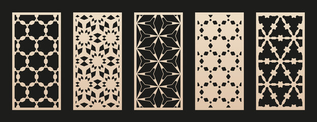 Set of vector laser cut patterns. Modern abstract geometric panels with Arabian ornaments, grid, floral lattice. Decorative stencil for laser cutting of wood, metal, paper, plastic. Aspect ratio 1:2