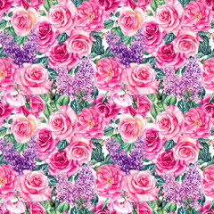 Seamless pattern of flowers roses, lilac and leaves. botanical illustration. Watercolor floral background