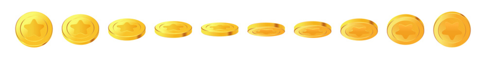Set of rotating gold coins. 3d coins. Golden money set.