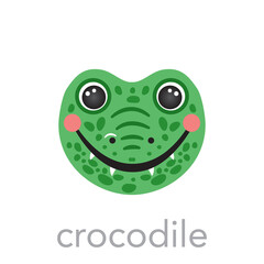 Crocodile Cute portrait with name text smile head cartoon round shape animal face, isolated vector icon illustrations. Flat avatar simple hand drawn for kids poster, cards, t-shirts, baby clothes
