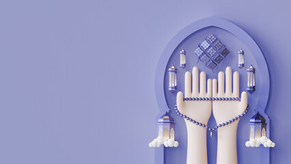 Eid Al Fitr Landing Page Template With Pray Hand Gesture 3D Render Illustration