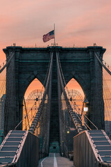 American Flag on Brooklyn Bridge at Sunset