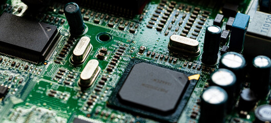 Macro Close up of components and microchips on PC circuit board