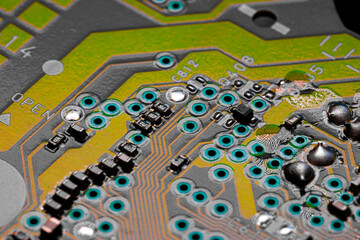 Macro Close up of printed wiring on PC circuit board.