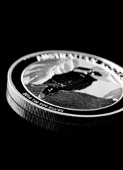 Close up of  Silver Bullion Coin on a black mirror background