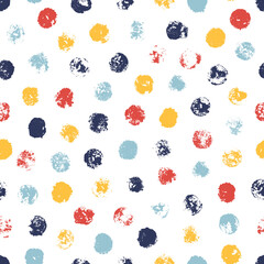 Polka Dots Multicolor Seamless Pattern. Grunge Paint Circle Shapes Textures Abstract Colorful Background. Round spots with rough edges. Stamp Ink blots. Hand painted stains. Vector illustration.