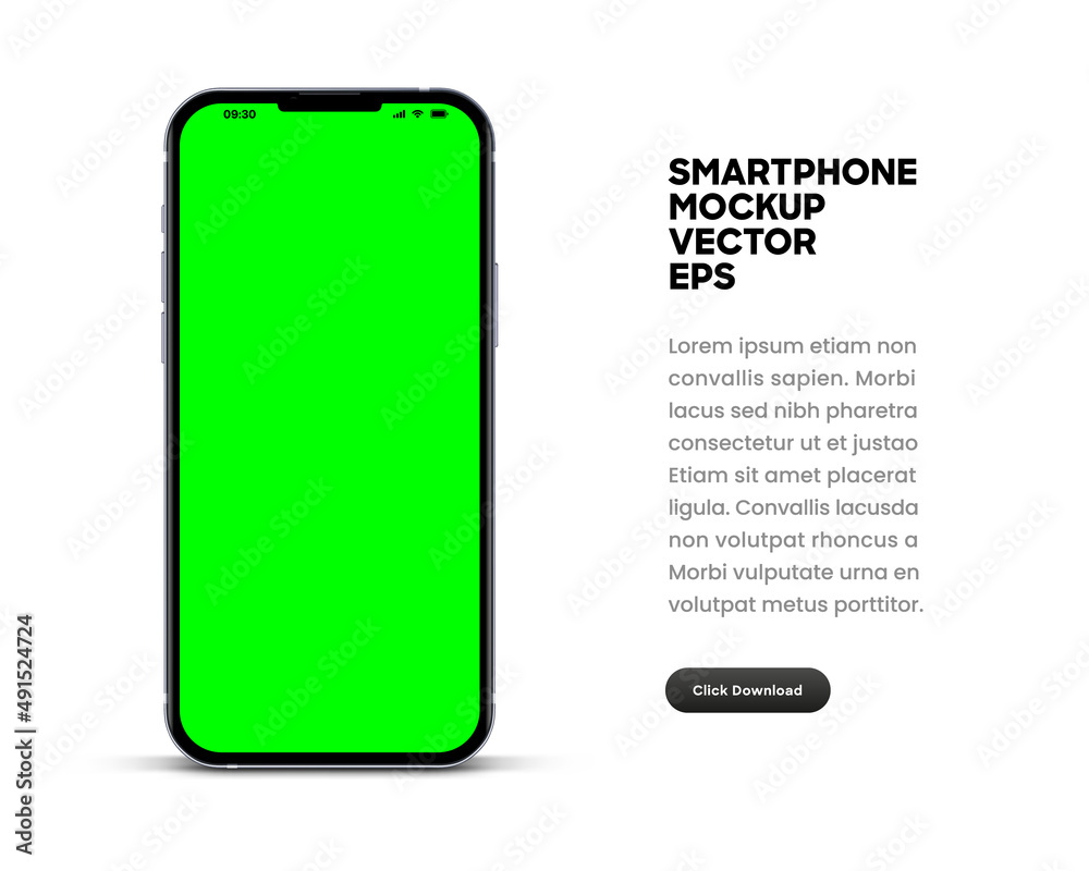 Poster Realistic smartphone with green chroma key touch screen background. Frameless mobile phone in front view. High quality detailed device mockup. Screen backdrop template. 3d Vector illustration.