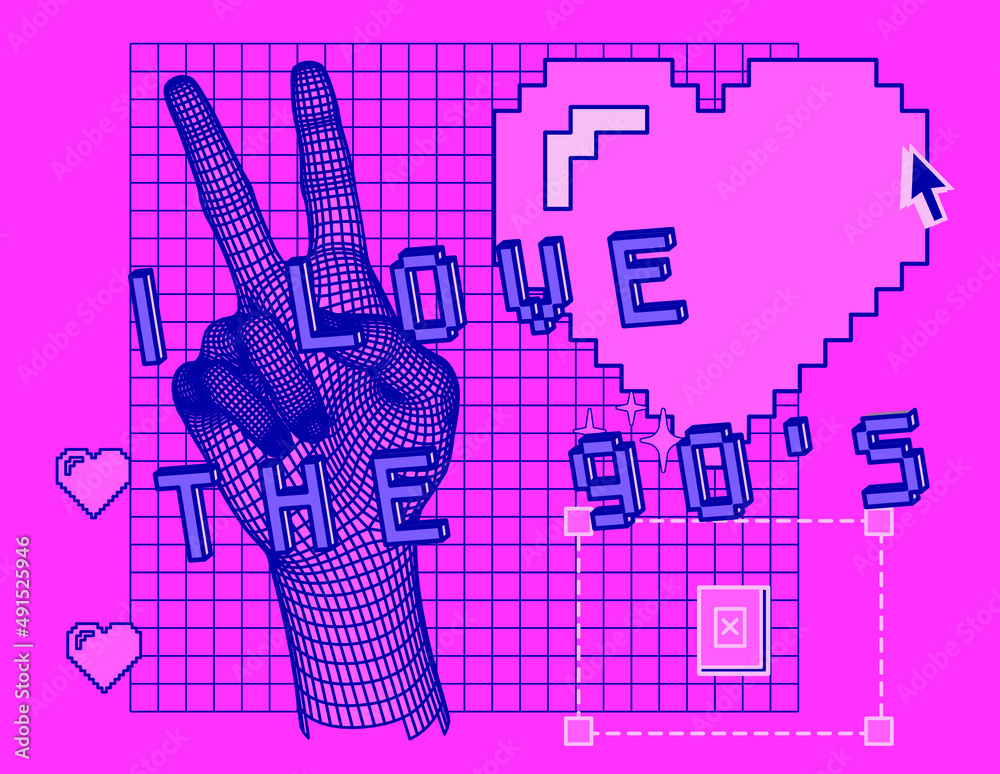Aufkleber collage with 3d low-poly model of a hand showing v-sign and a pixel heart. webpunk style aesthetics.