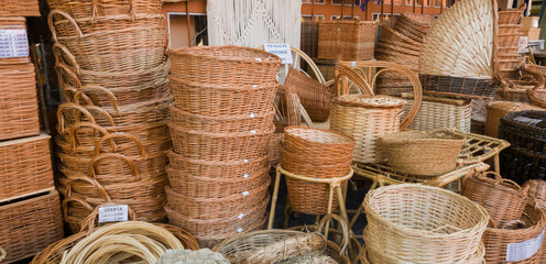 wicker market. baskets, baskets, bags and stacked trunk. typical delta object. port of fruits,...