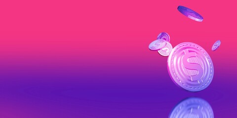 Realistic holographic metallic dollar coins on bright very Peri and pink gradient background . Close up macro symbol about finance and money Floating coins, Coin dropping, 3D rendering.Jackpot or