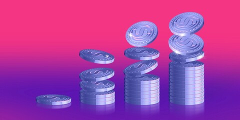 Dollar coins lie in piles.Banner in Veri Peri colour and pink. 3d rendering.Close up macro symbol about finance and money.4k.Cryptocurrency with usd.Virtual internet money.Single season.Flying money