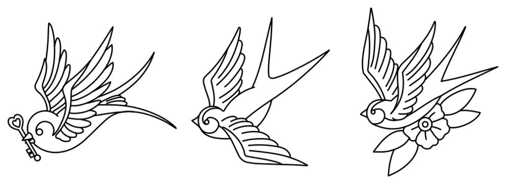 Swallow bird vector svg editable black outline tattoo style line art