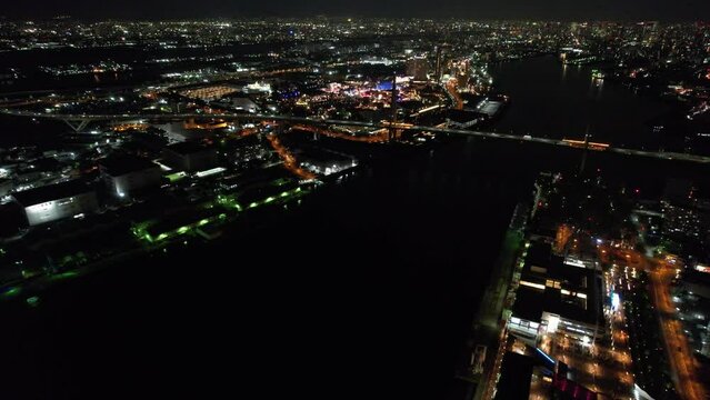 大阪港の夜景　USJ周辺をドローンで撮影